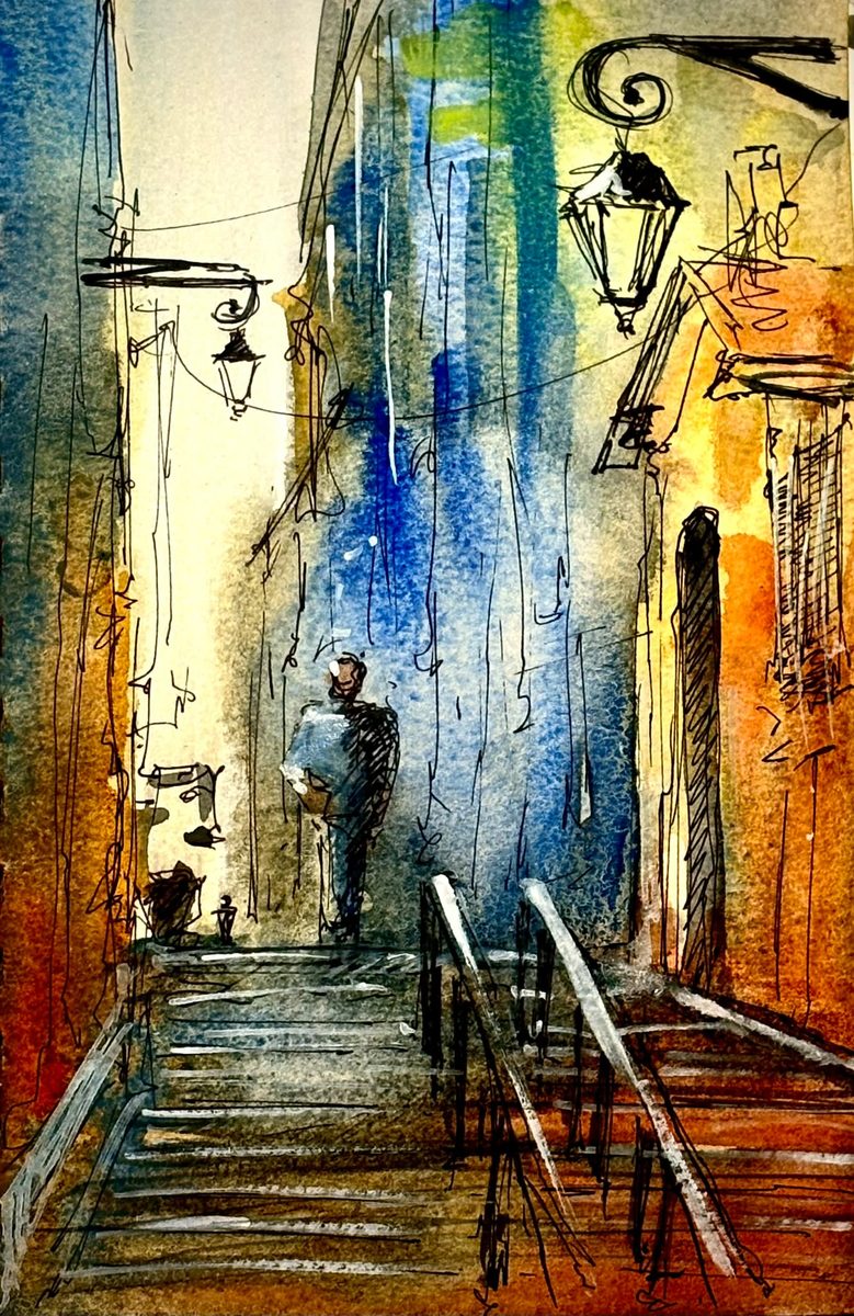 Aquarelle d'un escalier dans une ruelle aux lanternes