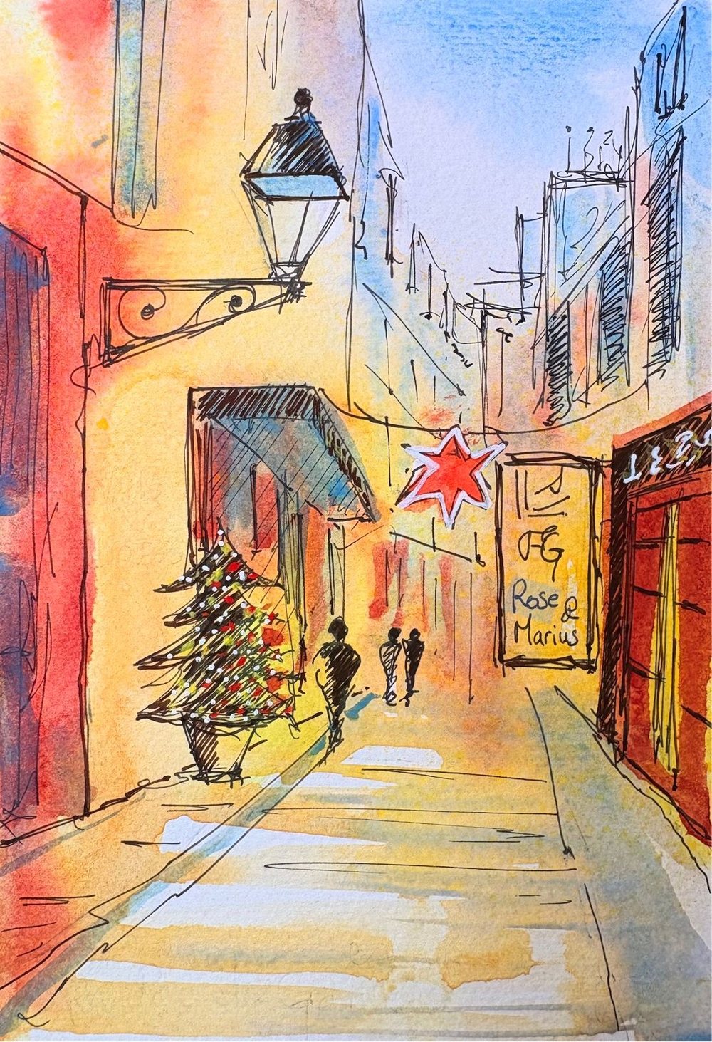 La rue des Gravilliers à Noël, aquarelle de Franck Giraud