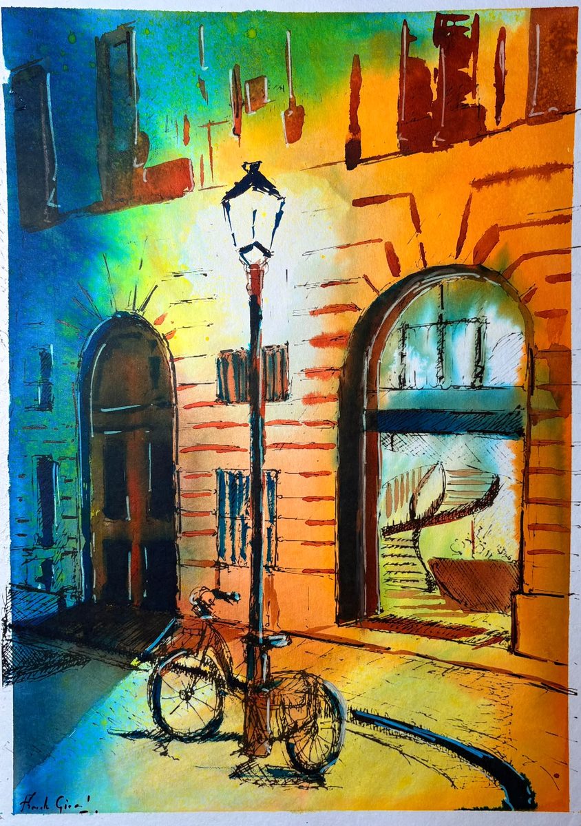 Aquarelle et encre : un vélo contre un réverbère, sous des arcades